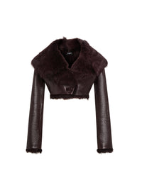 Short coat with voluminous collar in shiny leather - Dark purple