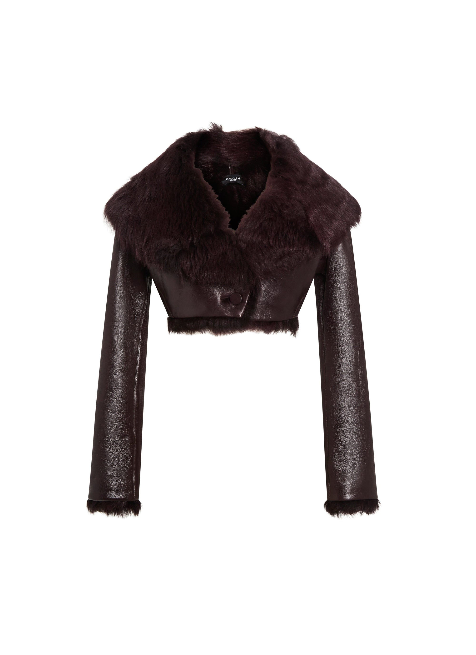 Short coat with voluminous collar in shiny leather - Dark purple