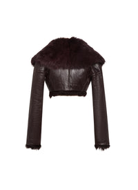 Short coat with voluminous collar in shiny leather - Dark purple