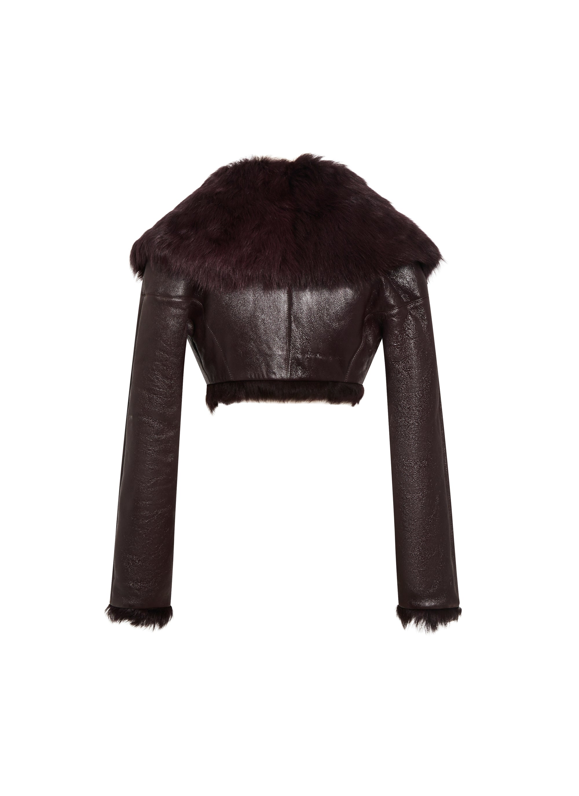 Short coat with voluminous collar in shiny leather - Dark purple