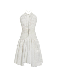Embroidered and gathered dress with thin straps - White