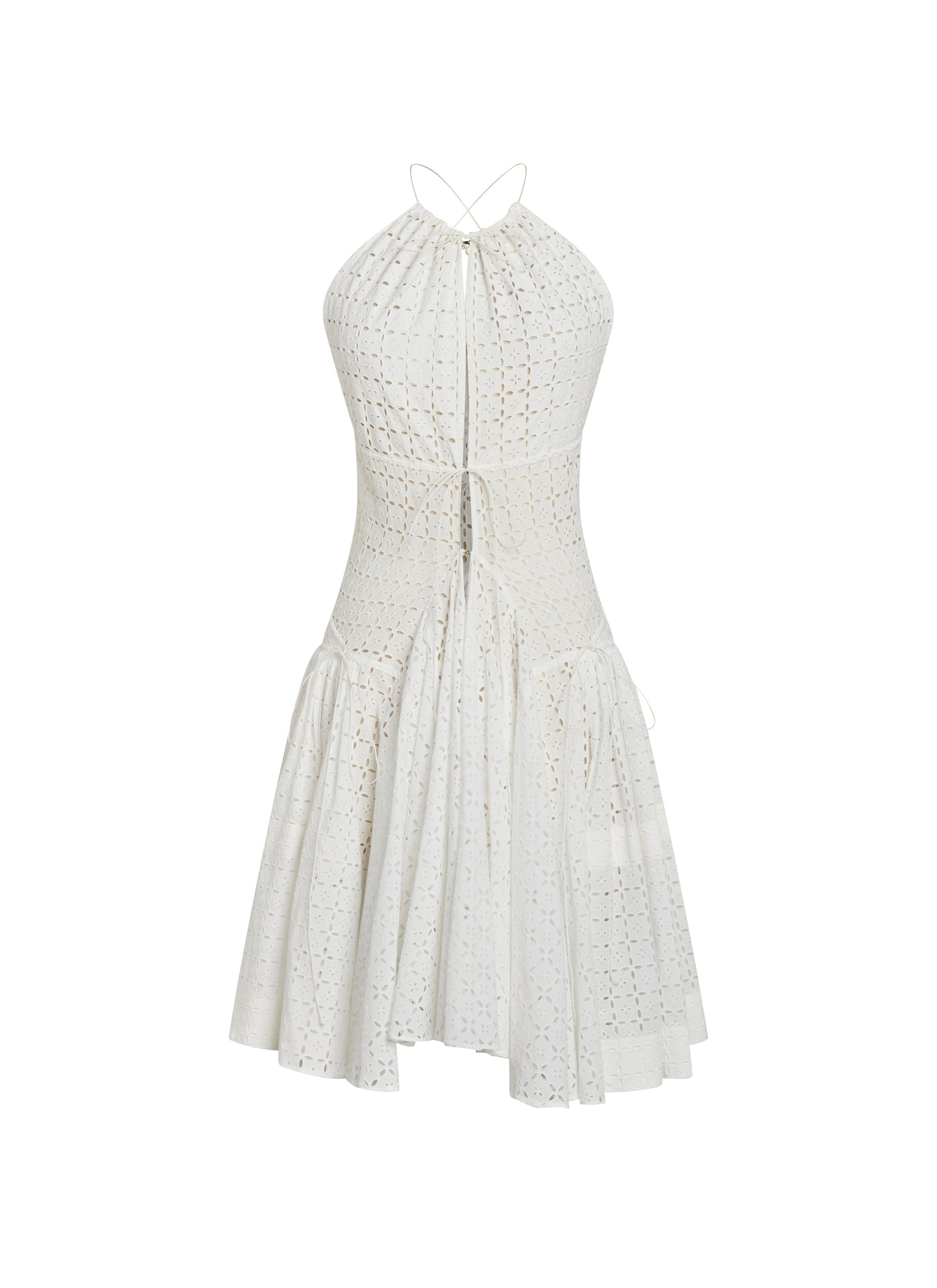 Embroidered and gathered dress with thin straps - White