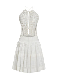 Embroidered and gathered dress with thin straps - White