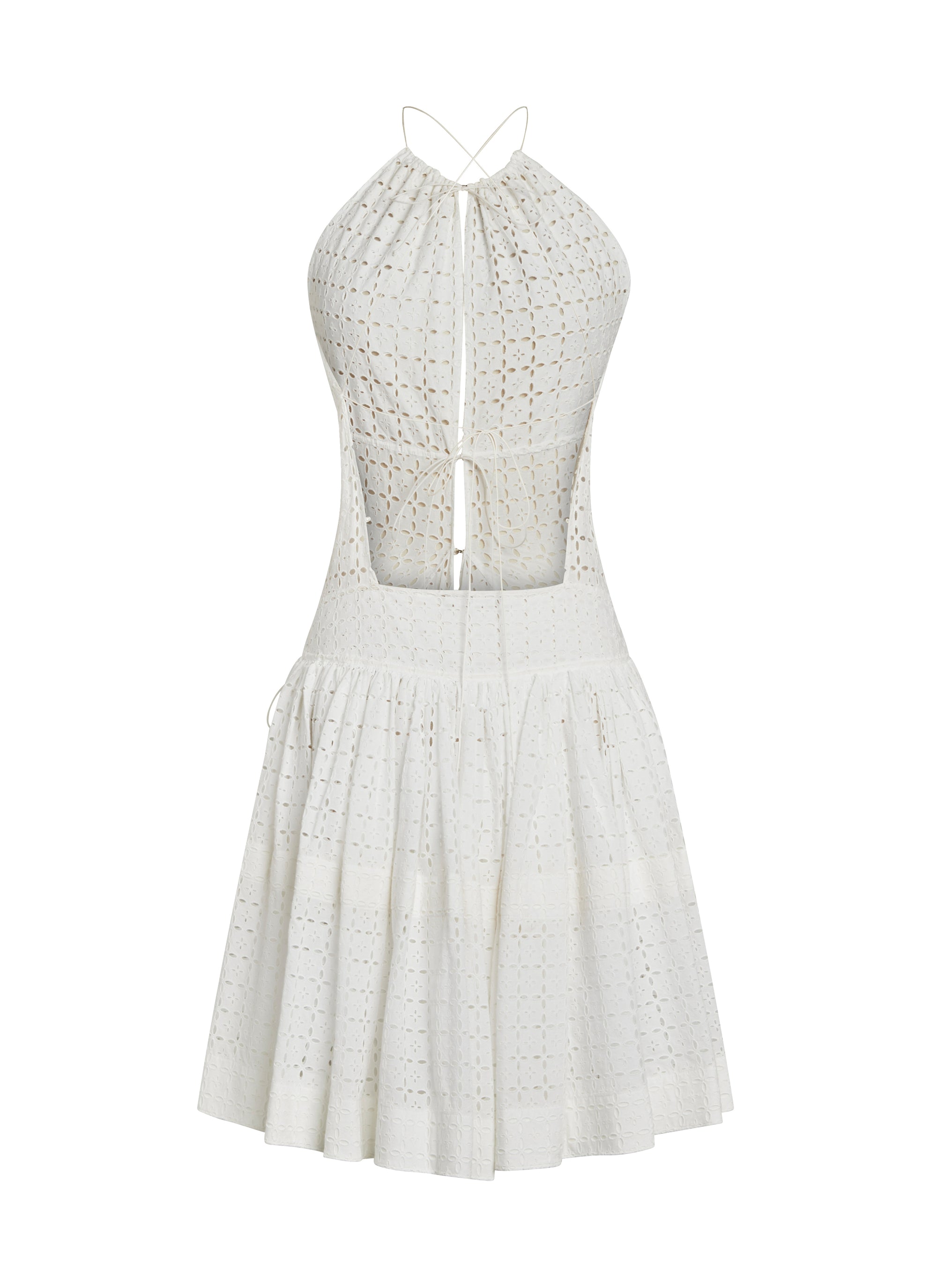 Embroidered and gathered dress with thin straps - White