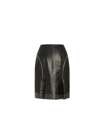 Jupe droite en cuir à oeillets - Noir