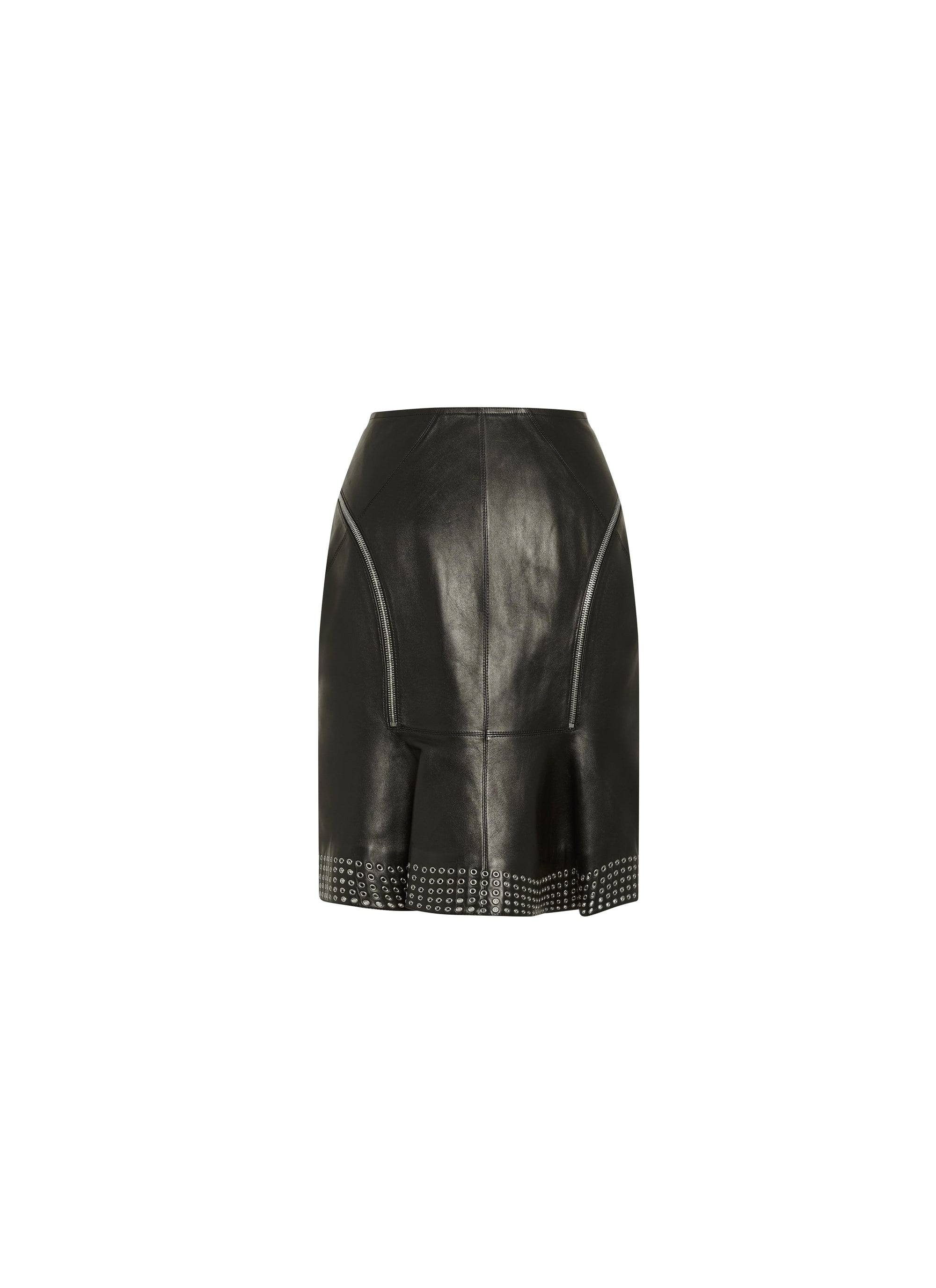 Jupe droite en cuir à oeillets - Noir