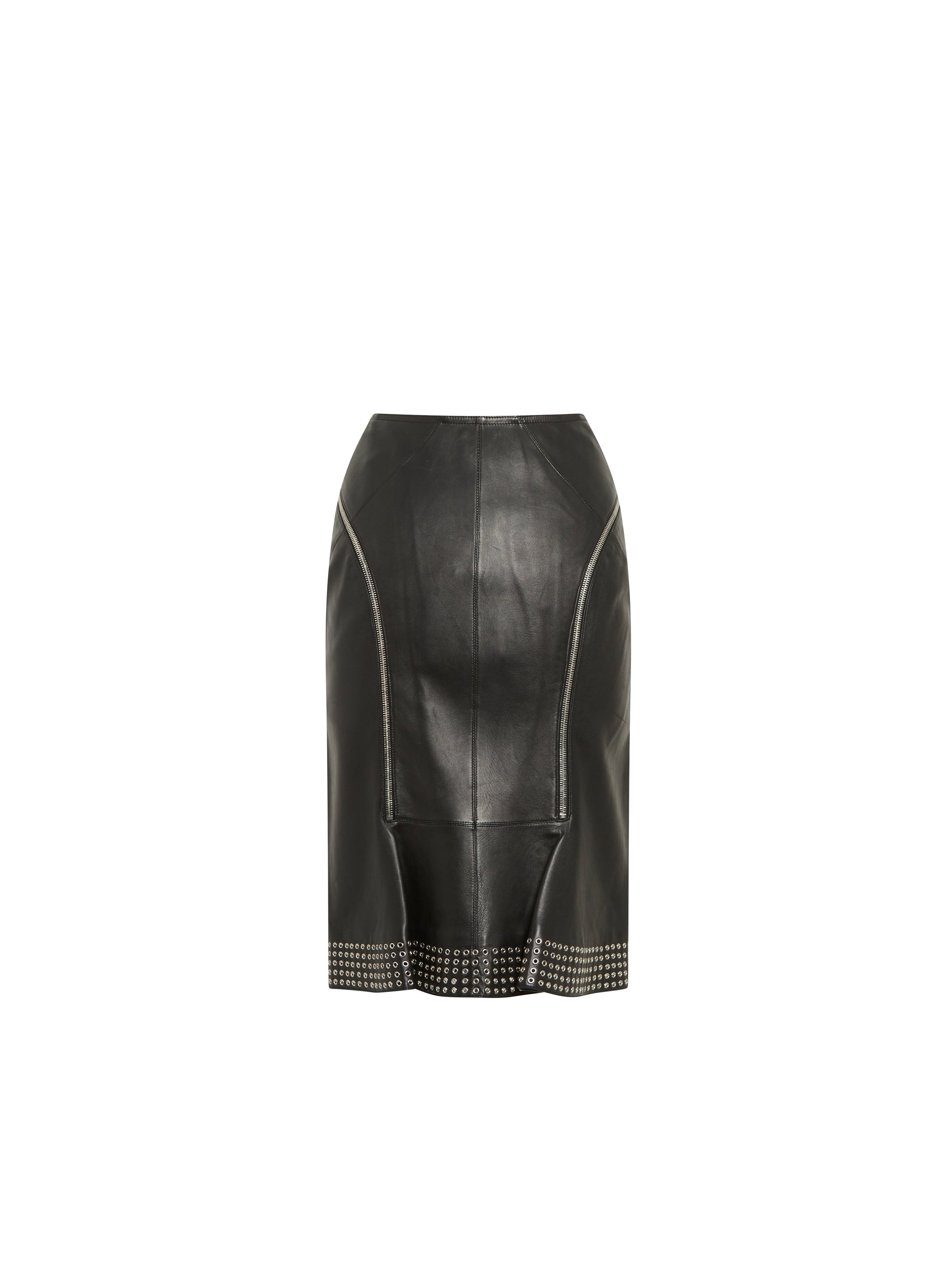 Jupe midi droite en cuir à oeillets - Noir