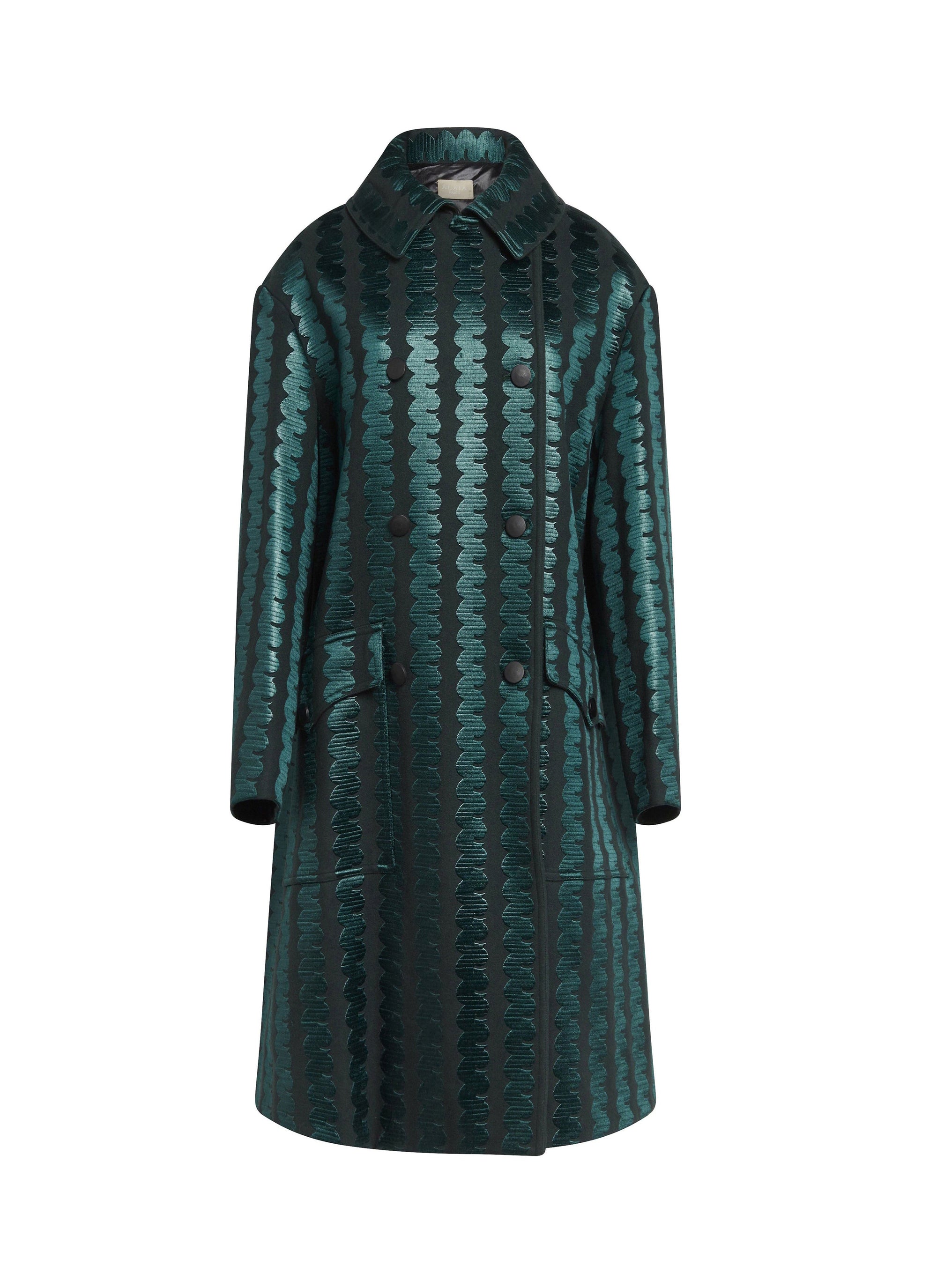 Wool and cashmere long coat with wave embroidery - Green