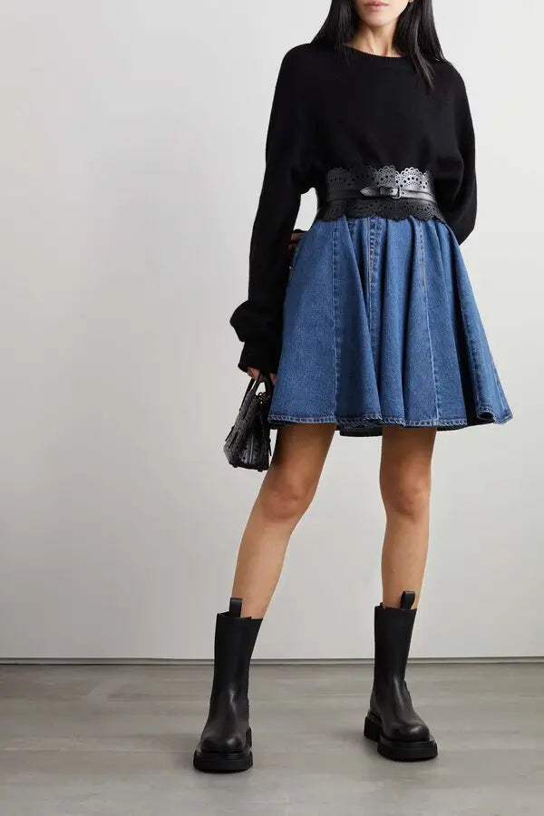 Jupe patineuse plissée en denim - Bleu Jeans