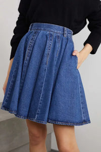 Jupe patineuse plissée en denim - Bleu Jeans