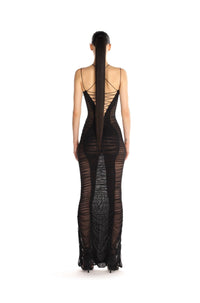 BLACK DRAPED MESH DRESS