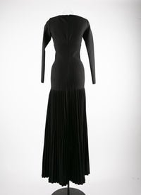 Robe longue en laine plissée col rond - Noir