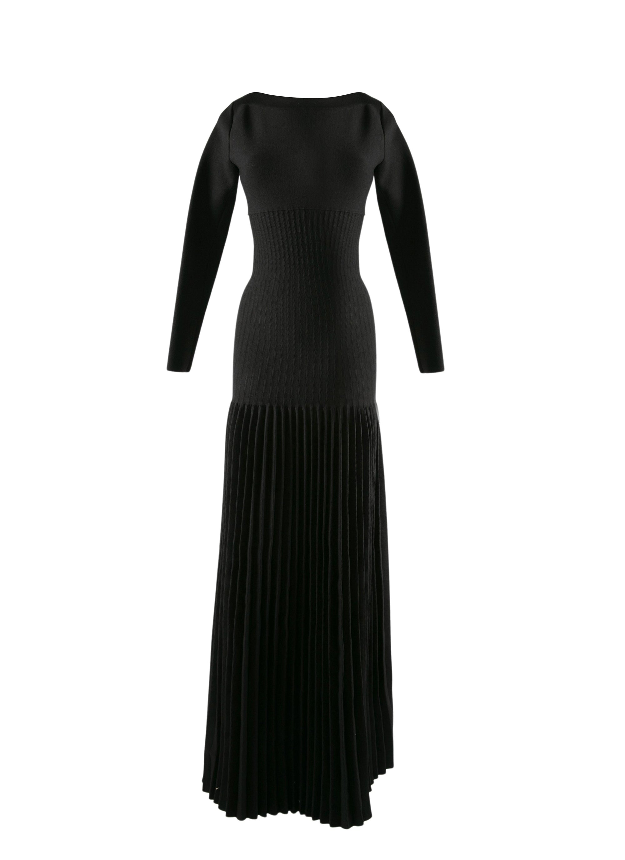 Robe longue en laine plissée col rond - Noir