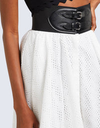 Belted skirt with wave embroidery - White