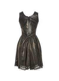 Openwork sleeveless scuba dress in leather - Black intense
