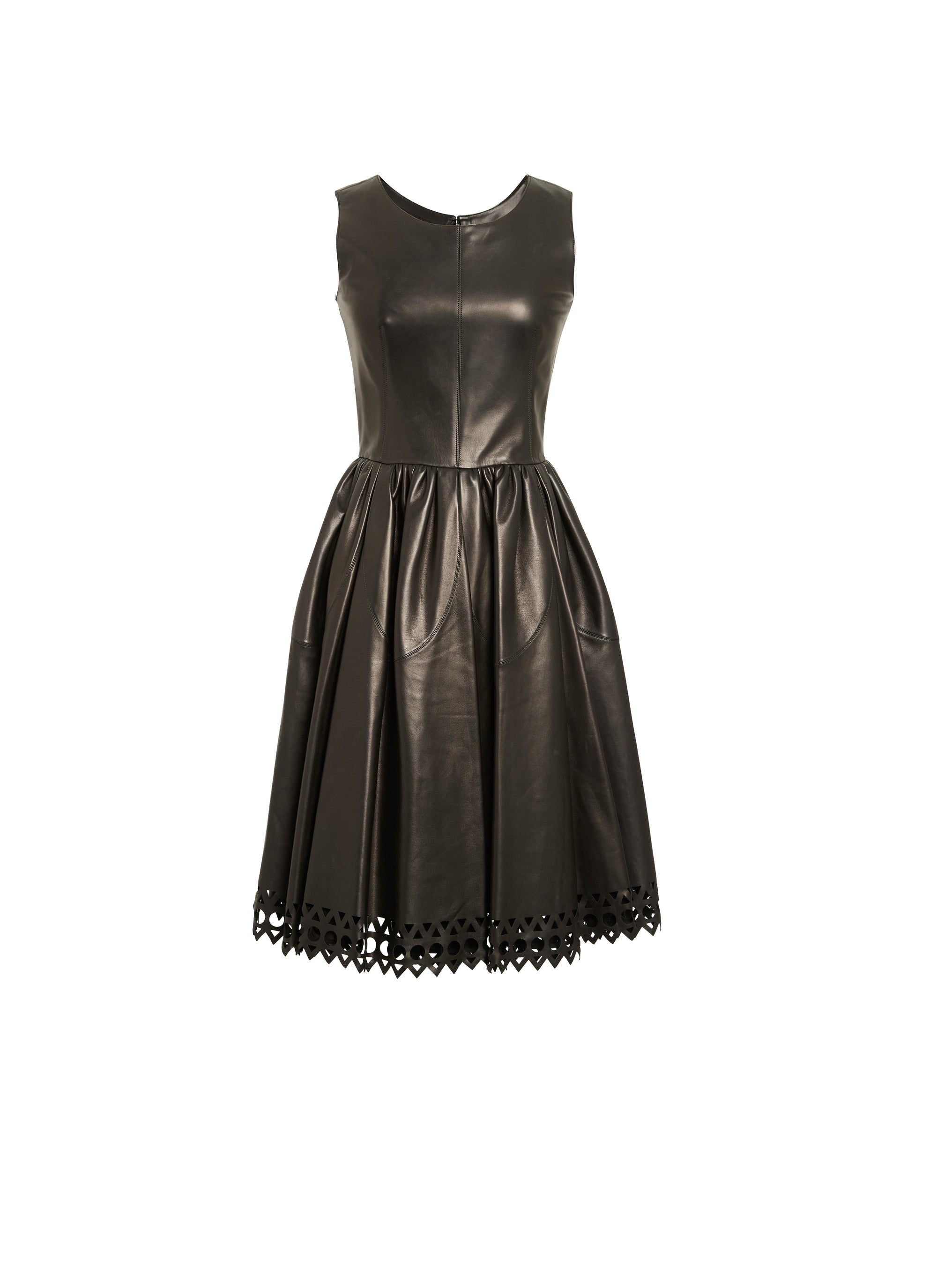 Sleeveless pleated leather scuba dress - Black