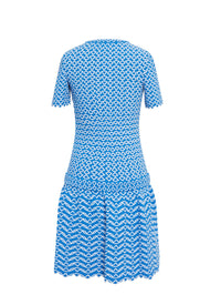 Short Sleeve Knitted Fantasia Dress - Blue & White