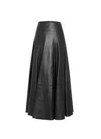 Pleated long skirt in leather - Black
