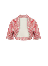 Rocaille short-sleeved bolero in mixed silk - Ivory & Red