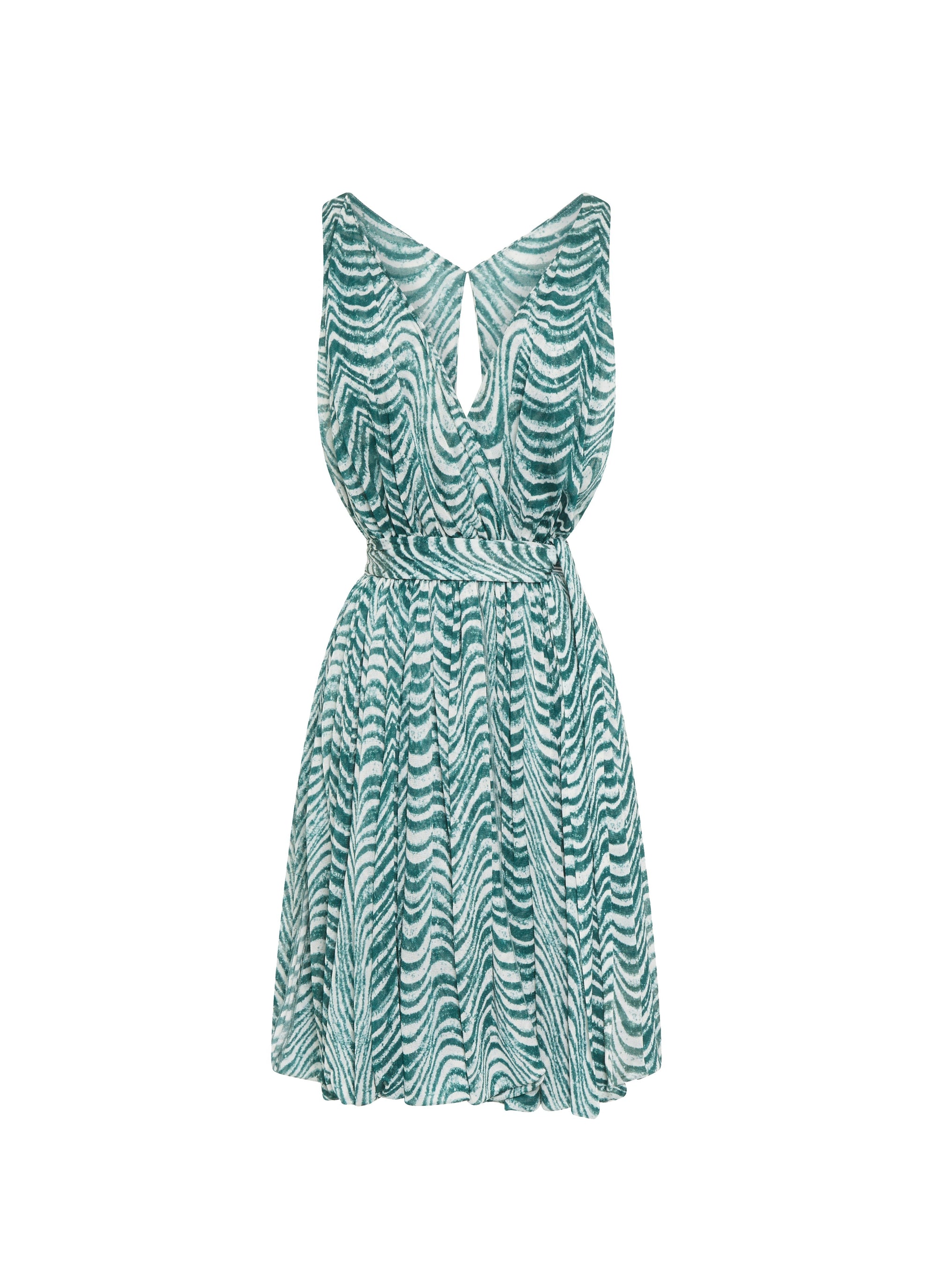 Sleeveless short dress Waves silk chiffon - Green & White