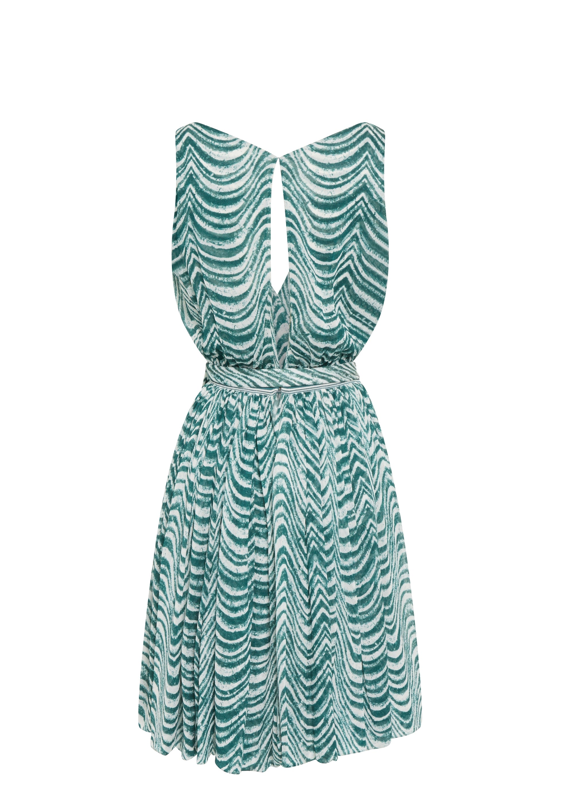 Sleeveless short dress Waves silk chiffon - Green & White