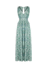 Sleeveless Dress Waves silk chiffon - Green & White