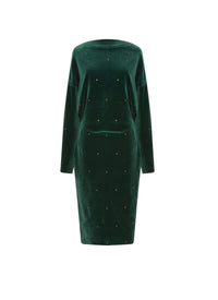 Long-sleeved velvet jersey dress - Empire Green