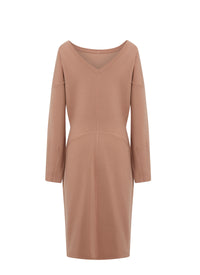 Long sleeve V-neck wool dress - Nude