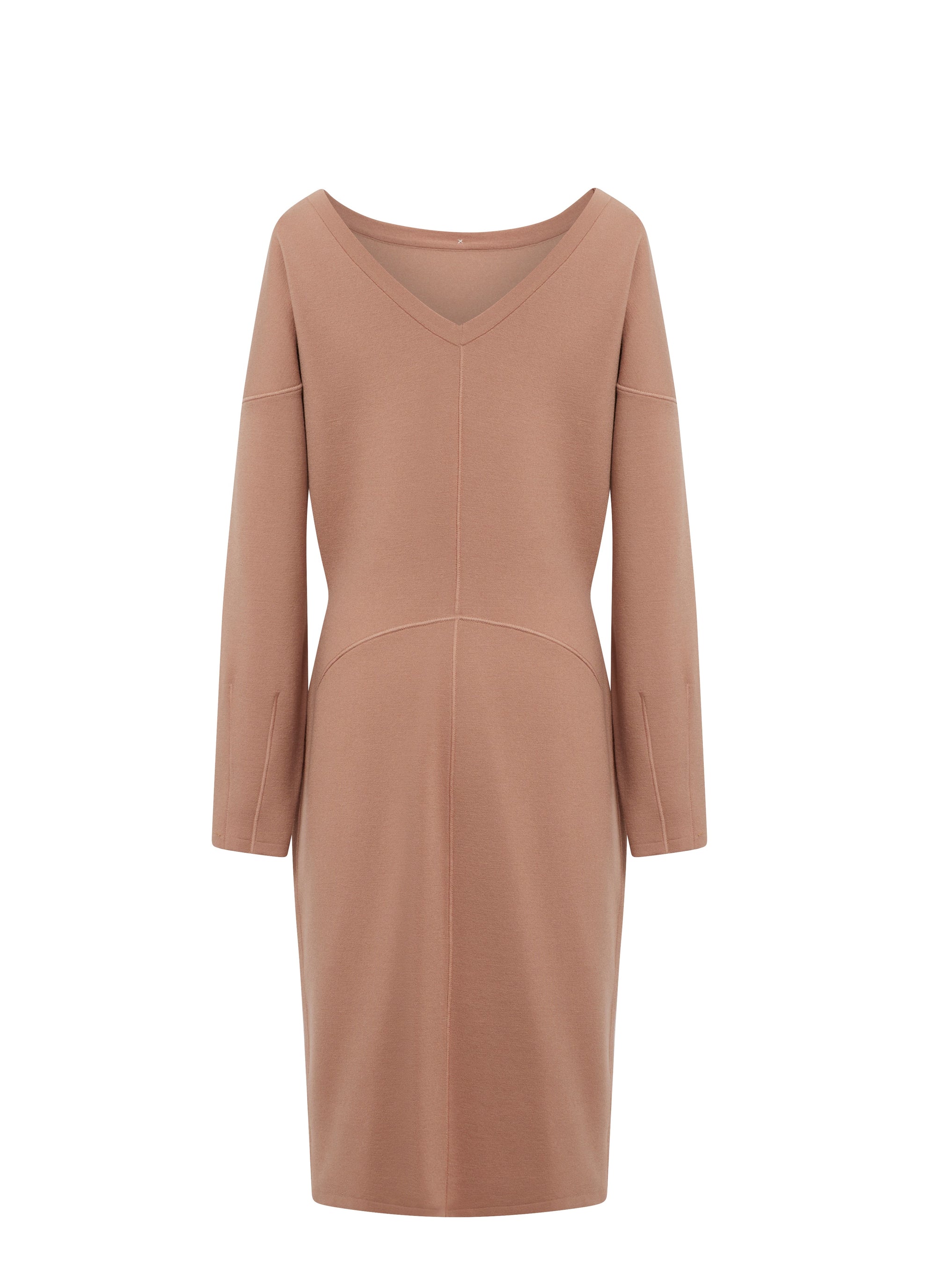 Long sleeve V-neck wool dress - Nude