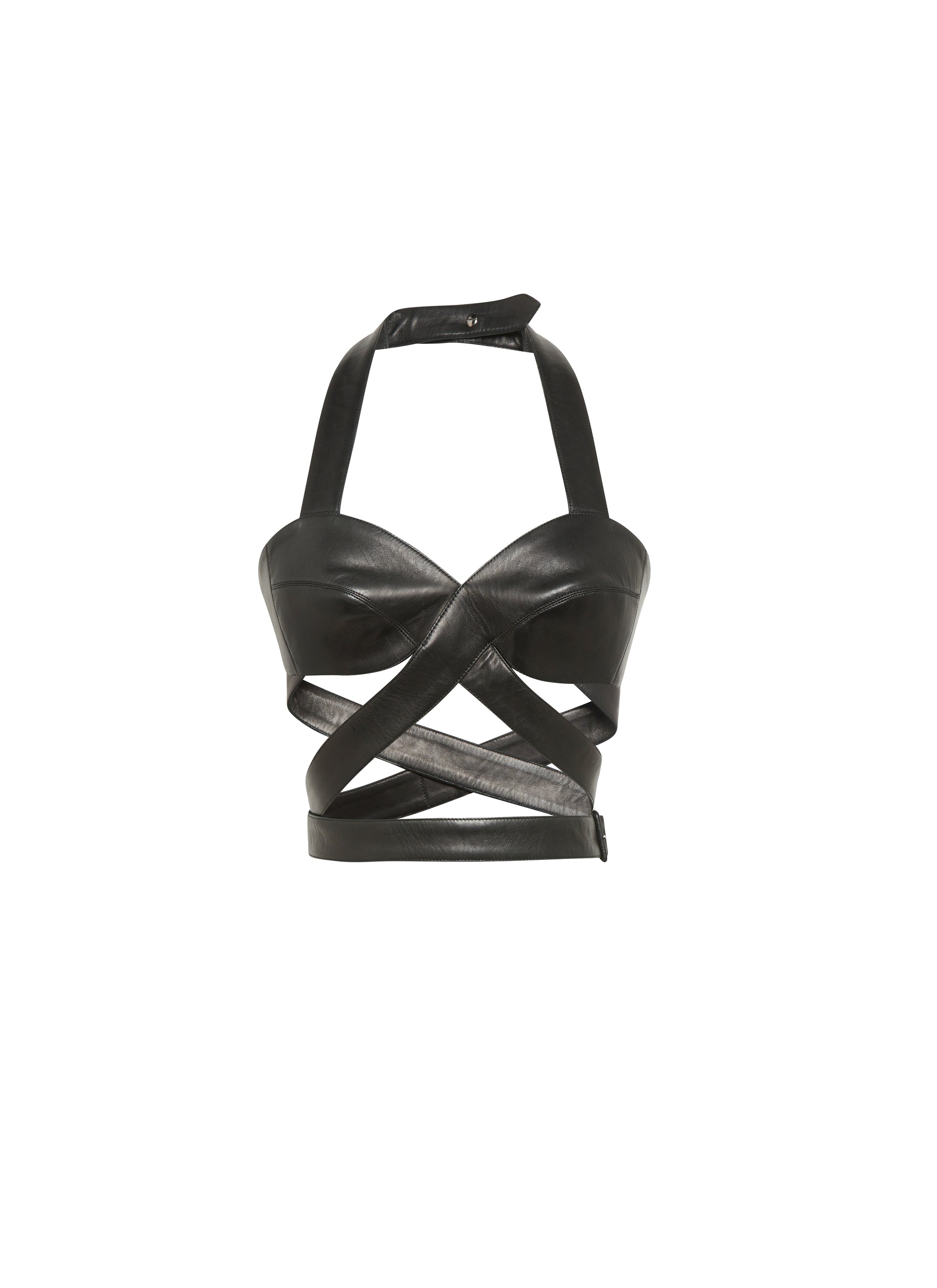 Buckle fastening bra in leather - Black intense
