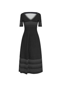Robe longue col v à manches courtes - Noir & Blanc