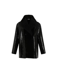Patent crocodile leather coat - Black