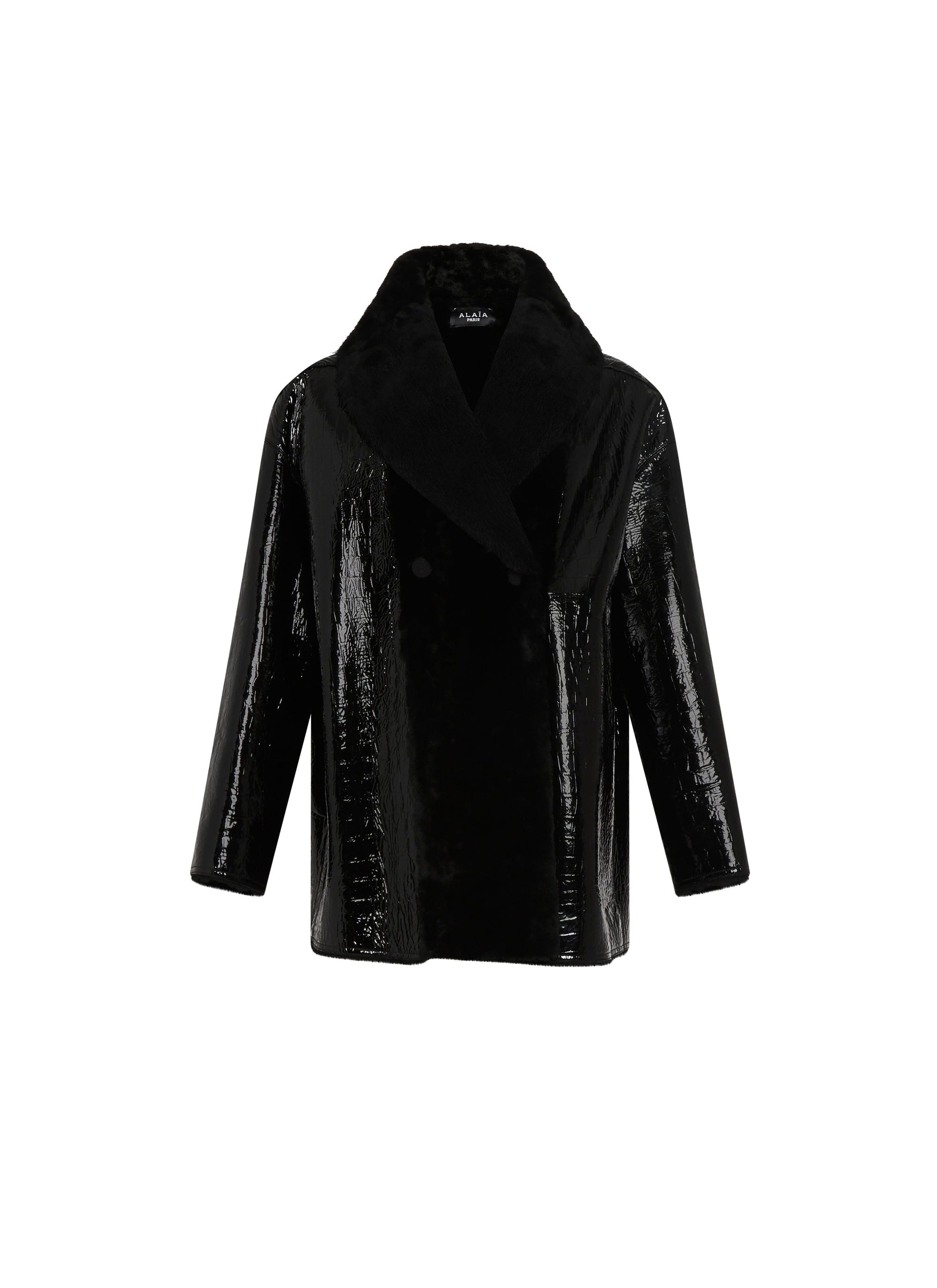Patent crocodile leather coat - Black