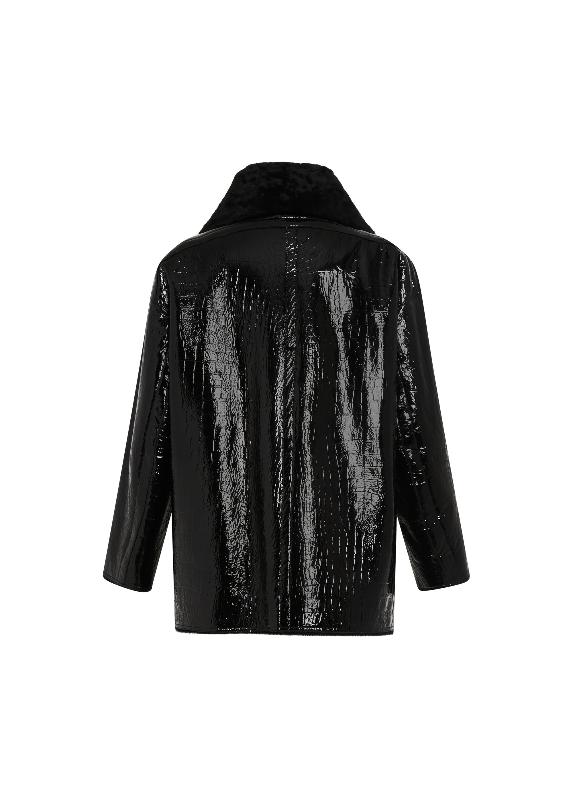 Patent crocodile leather coat - Black