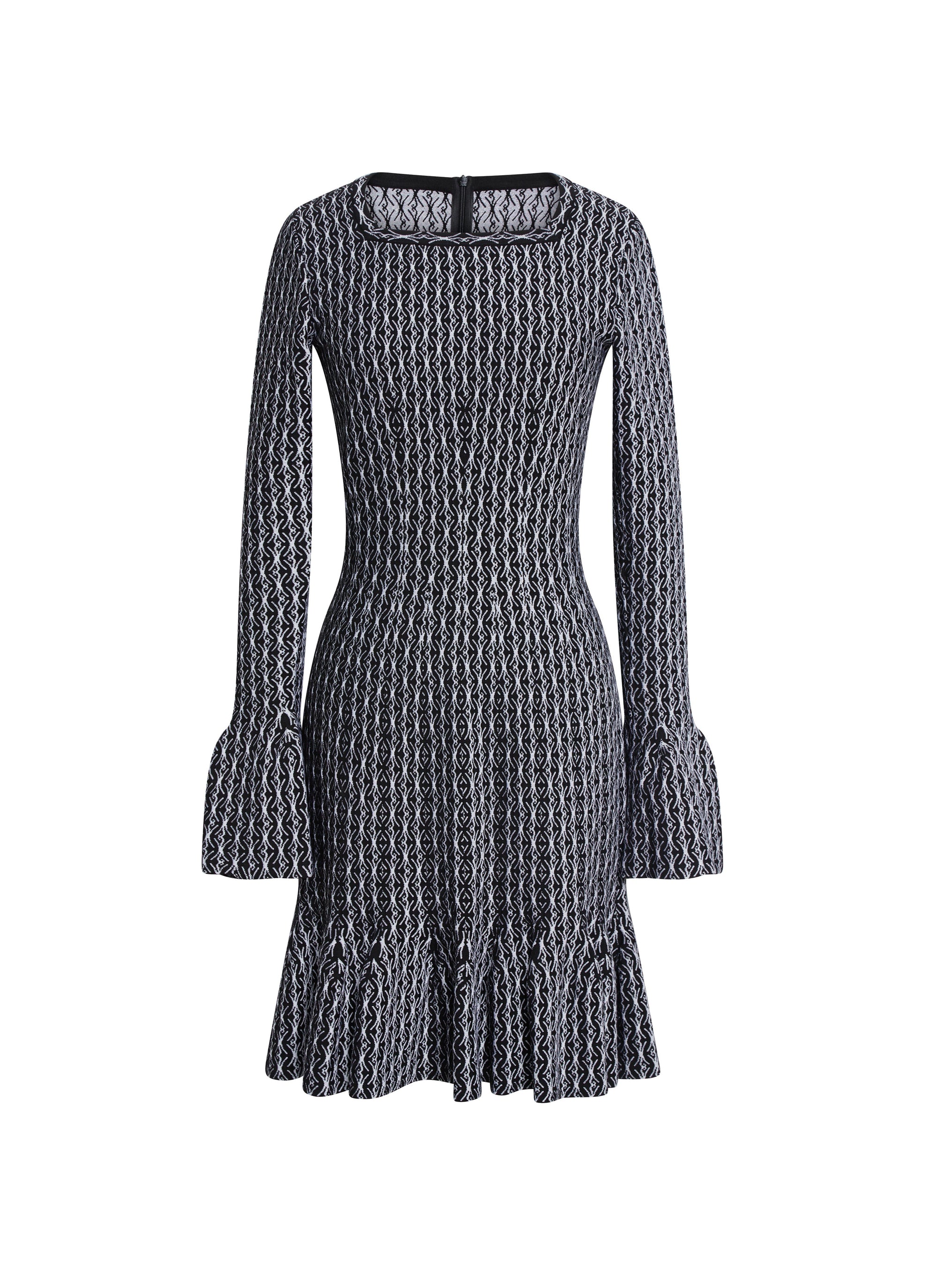 Robe à manches longues à encolure carré en laine - Noir & Blanc