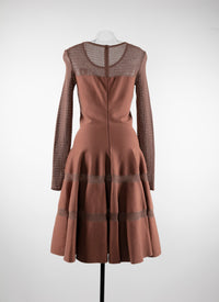 Long-sleeved sheer flared dress - Tobacco