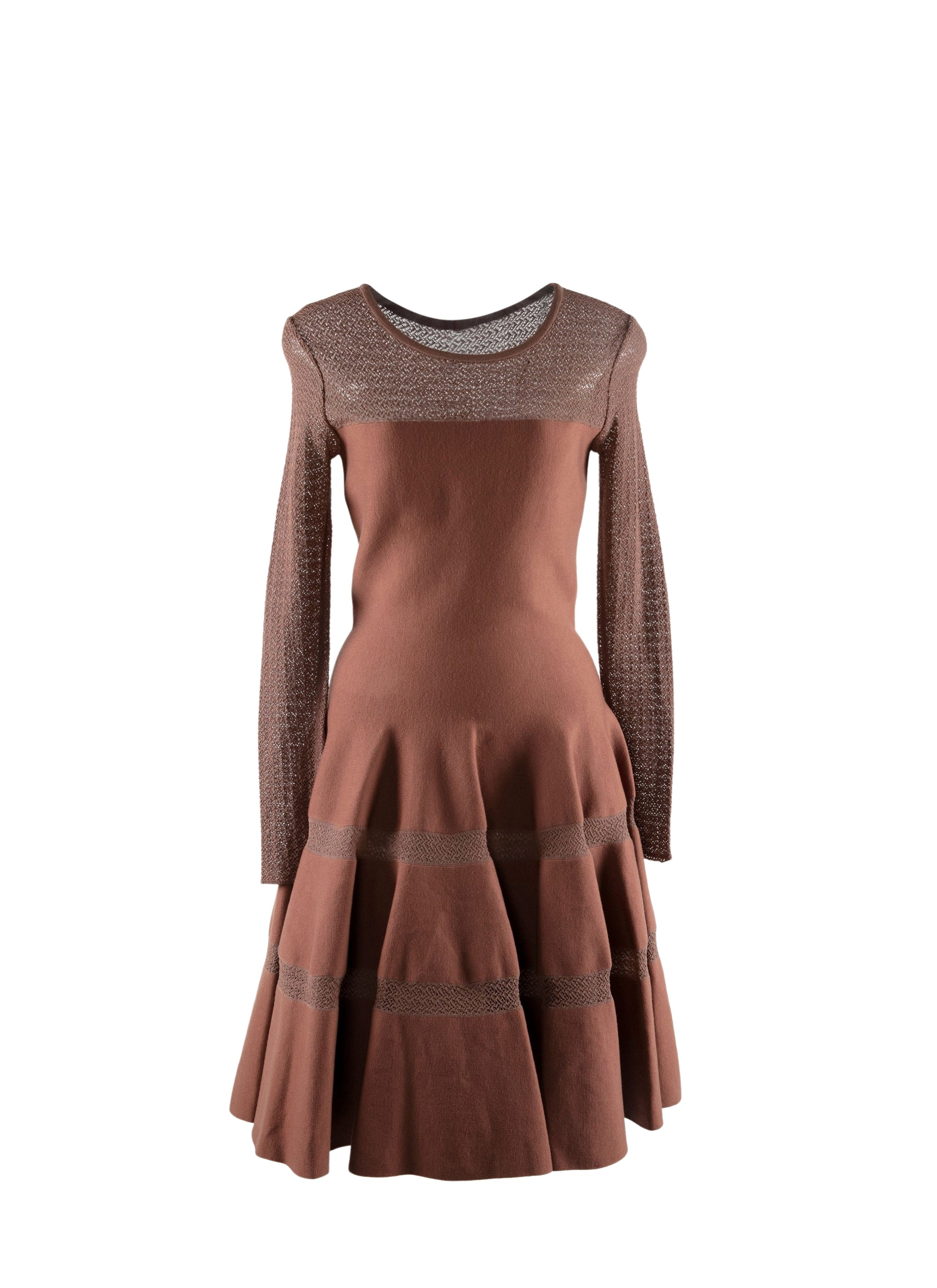 Long-sleeved sheer flared dress - Tobacco