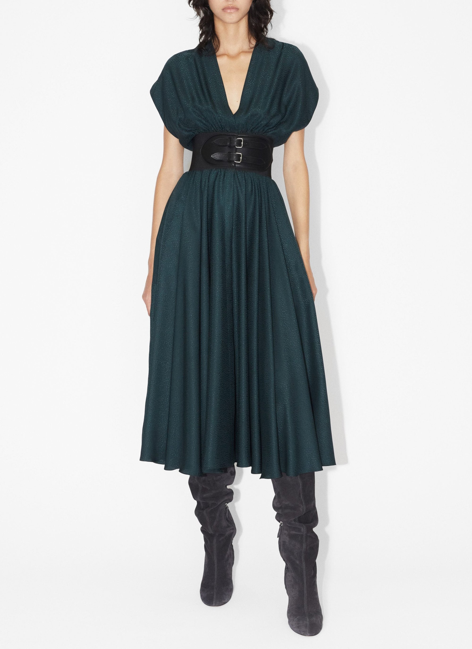 Belted dress in silk jacquard - Dark green