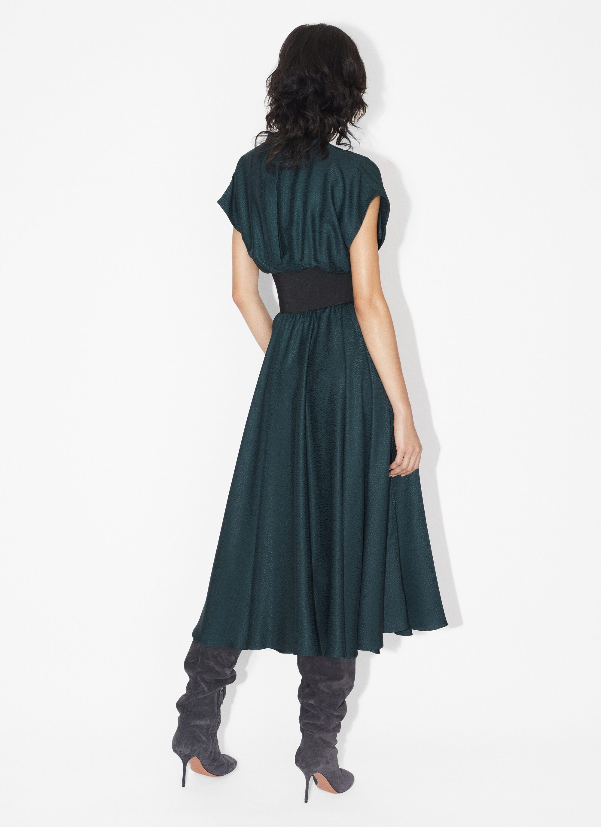 Belted dress in silk jacquard - Dark green