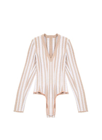 Elegant bodysuit with plunging collar - Sand & White