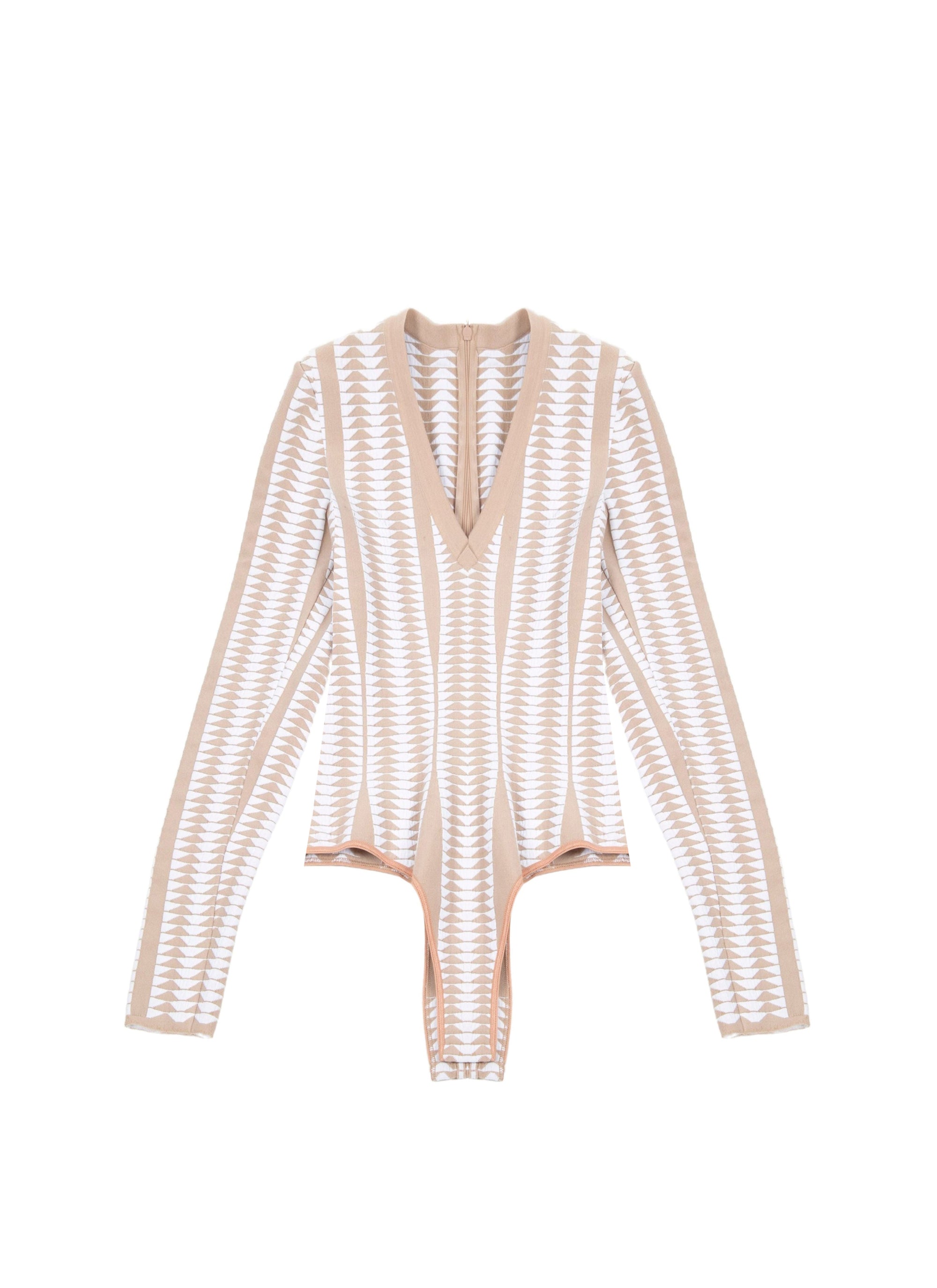 Elegant bodysuit with plunging collar - Sand & White
