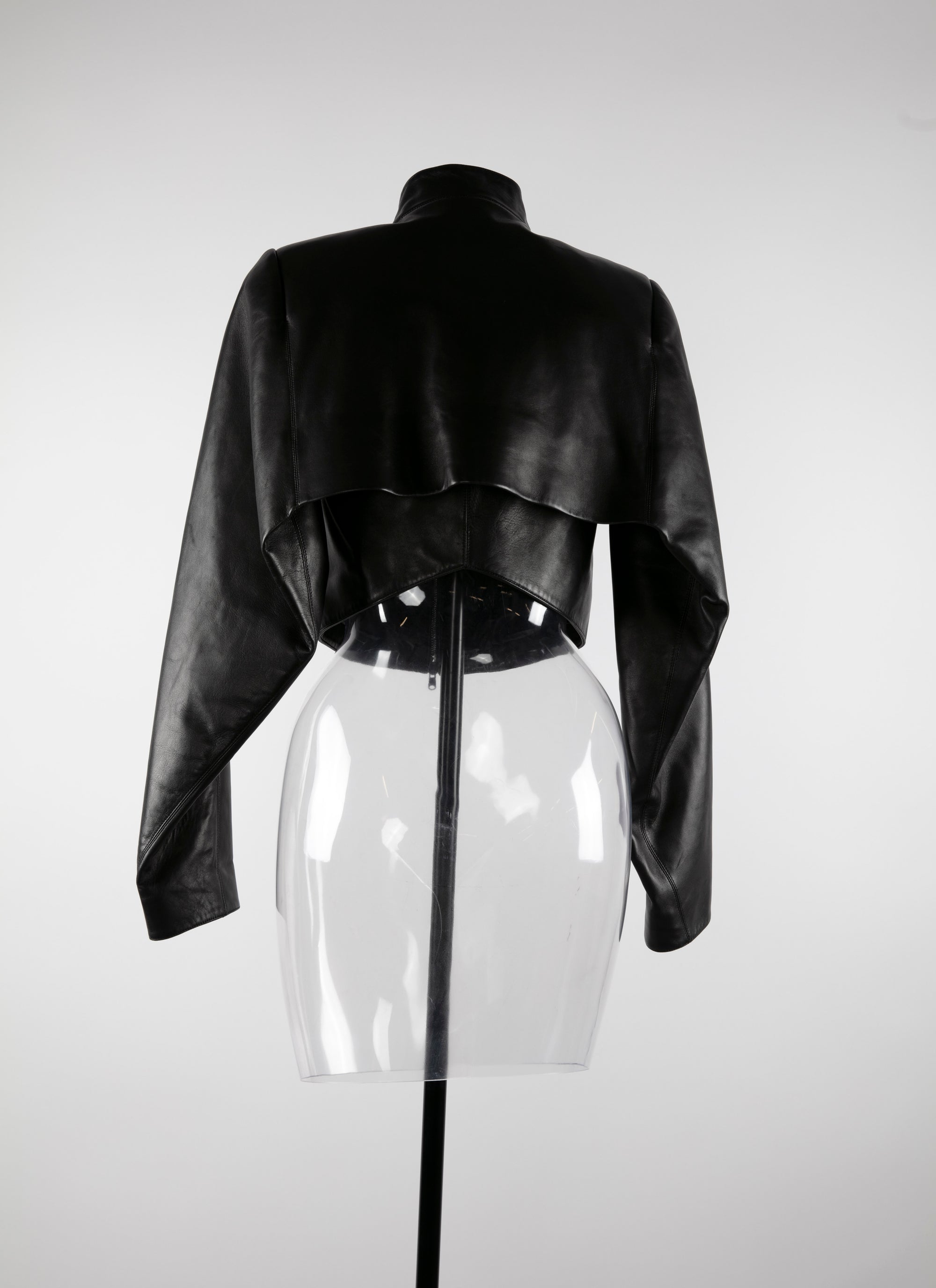 Long-sleeved leather bolero with stand-up collar - Intense Black