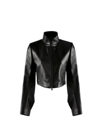 Long-sleeved leather bolero with stand-up collar - Intense Black
