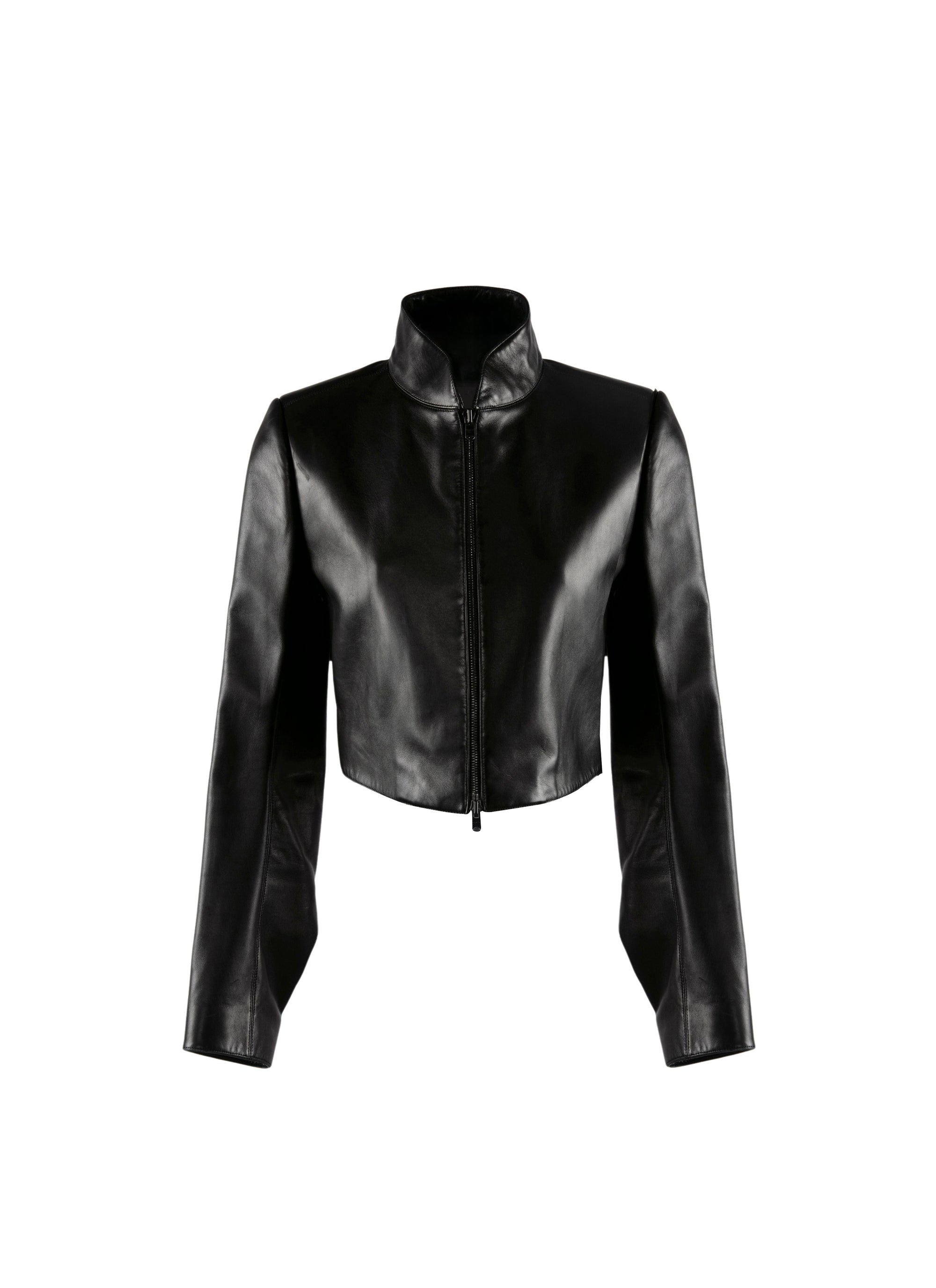Long-sleeved leather bolero with stand-up collar - Intense Black