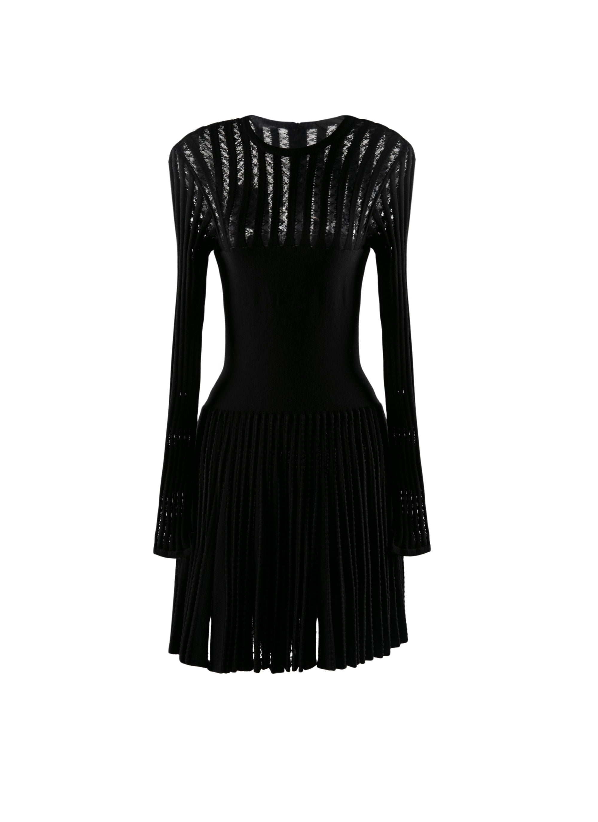 Robe courte plissée à manches longues en laine - Noir