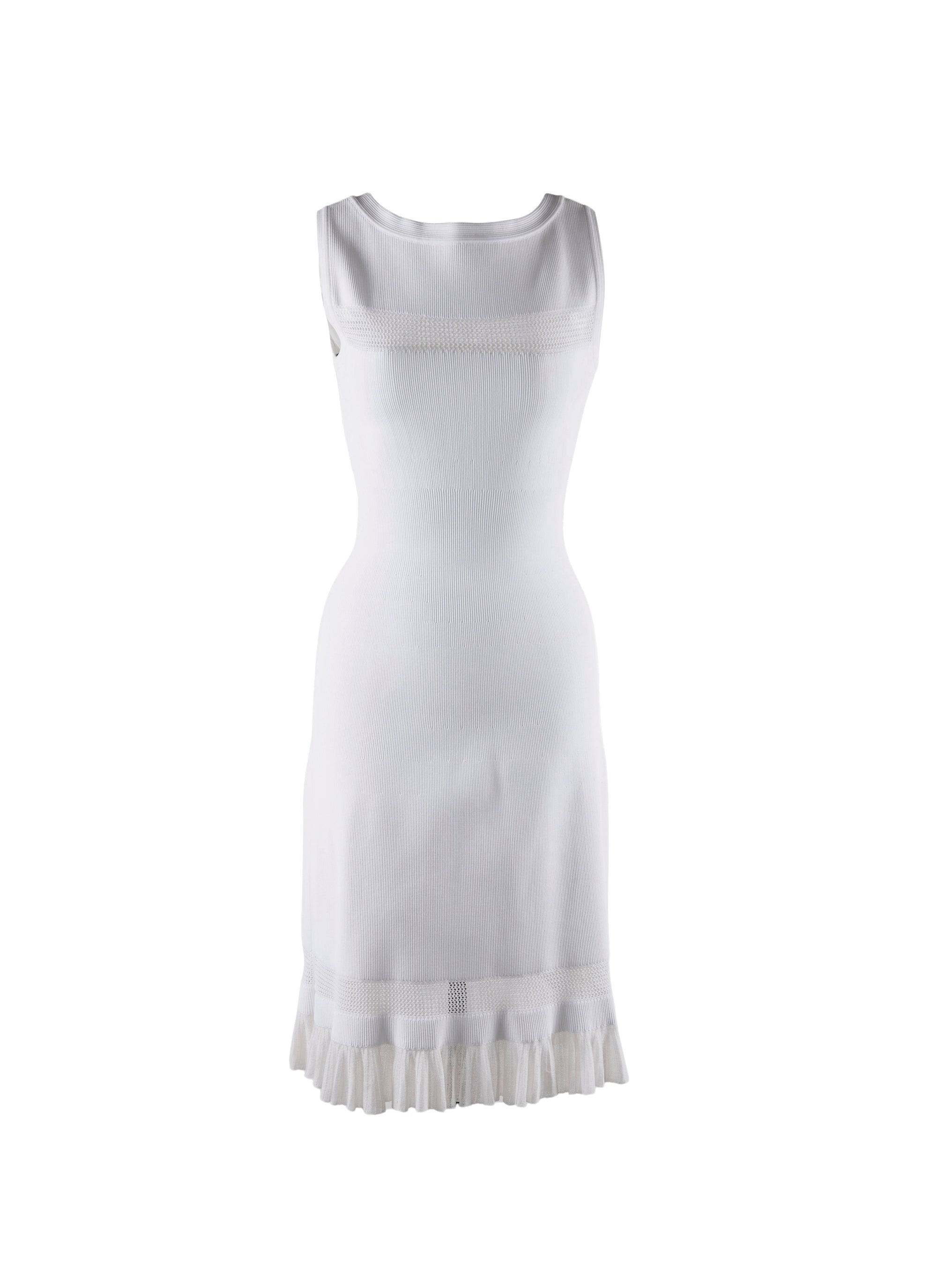 Sleeveless square-neck dress with lace hem - White