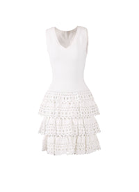 Openwork sleeveless mesh ruffle dress - White