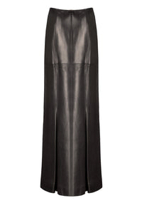 Long straight plunging skirt in leather - Black intense