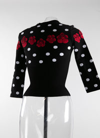 Pull à fleurs et pois à manches 3/4 - Noir, blanc & Rouge