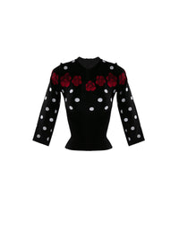 Pull à fleurs et pois à manches 3/4 - Noir, blanc & Rouge